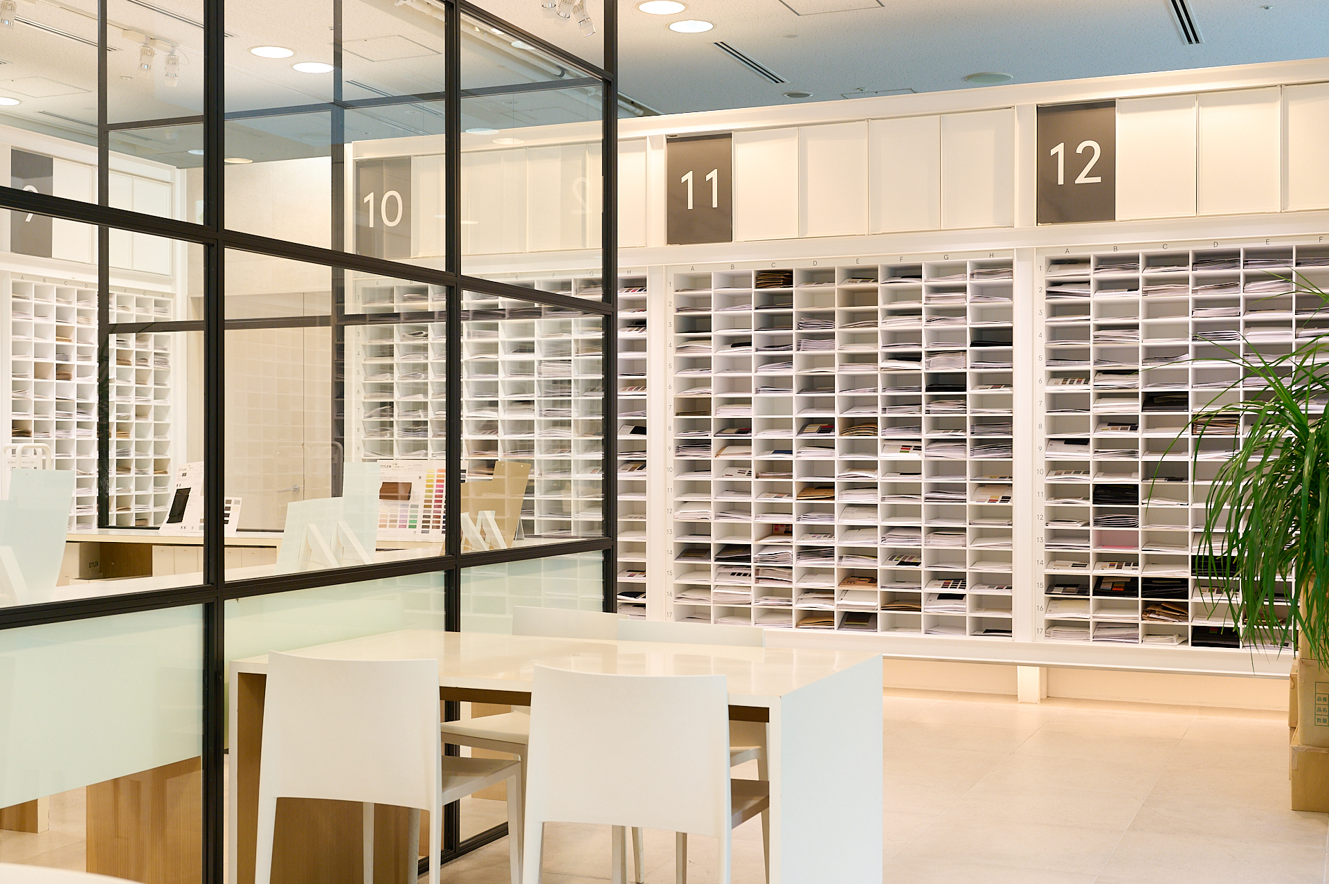 Fabric samples line an entire wall of STYLEM's Tokyo office.