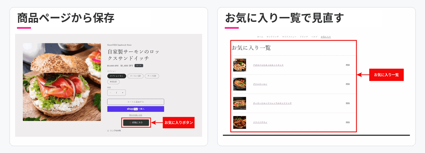 The wishlist button on a product page and the wishlist page