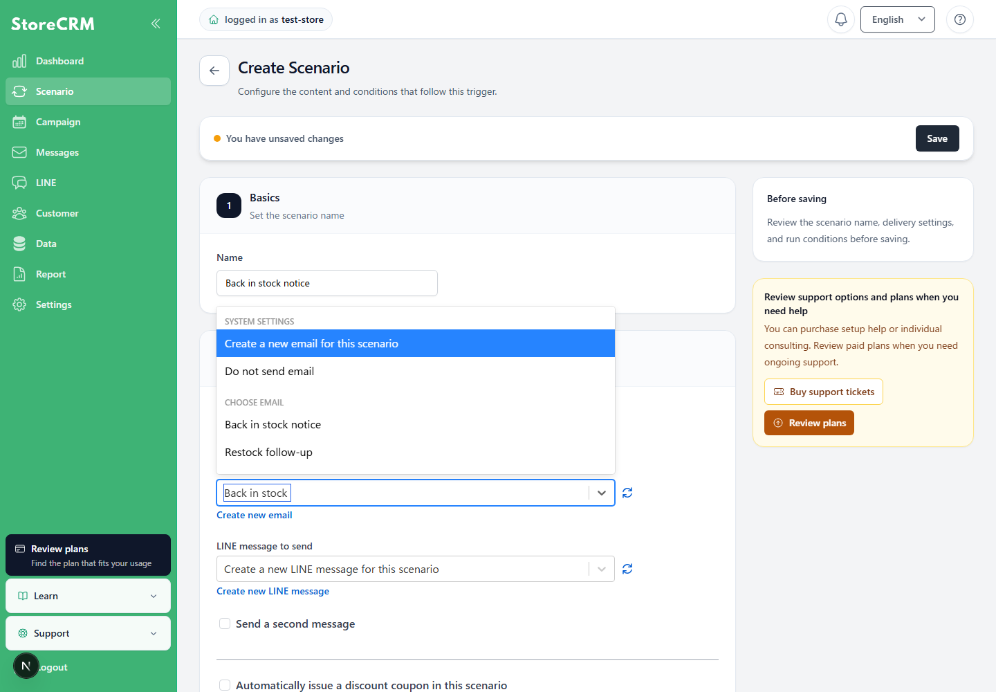 Screen for searching for and selecting an email template by name in a scenario