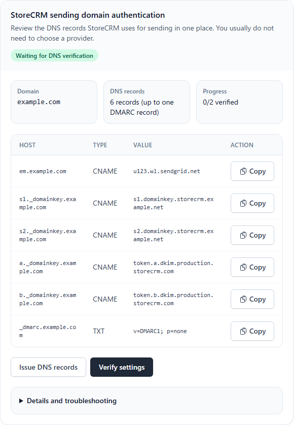 Six DNS records shown in StoreCRM sending domain authentication