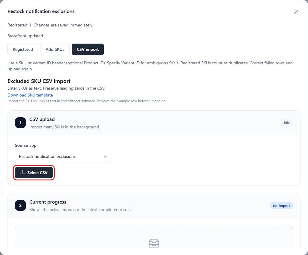 Import excluded SKUs by CSV and check the result.