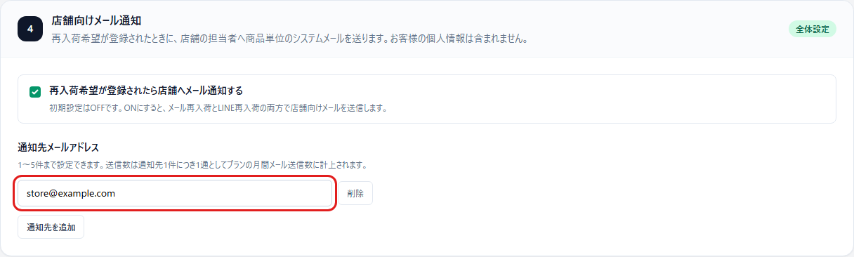 店舗向け通知の宛先を指定します。赤枠は通知先メールアドレスです。