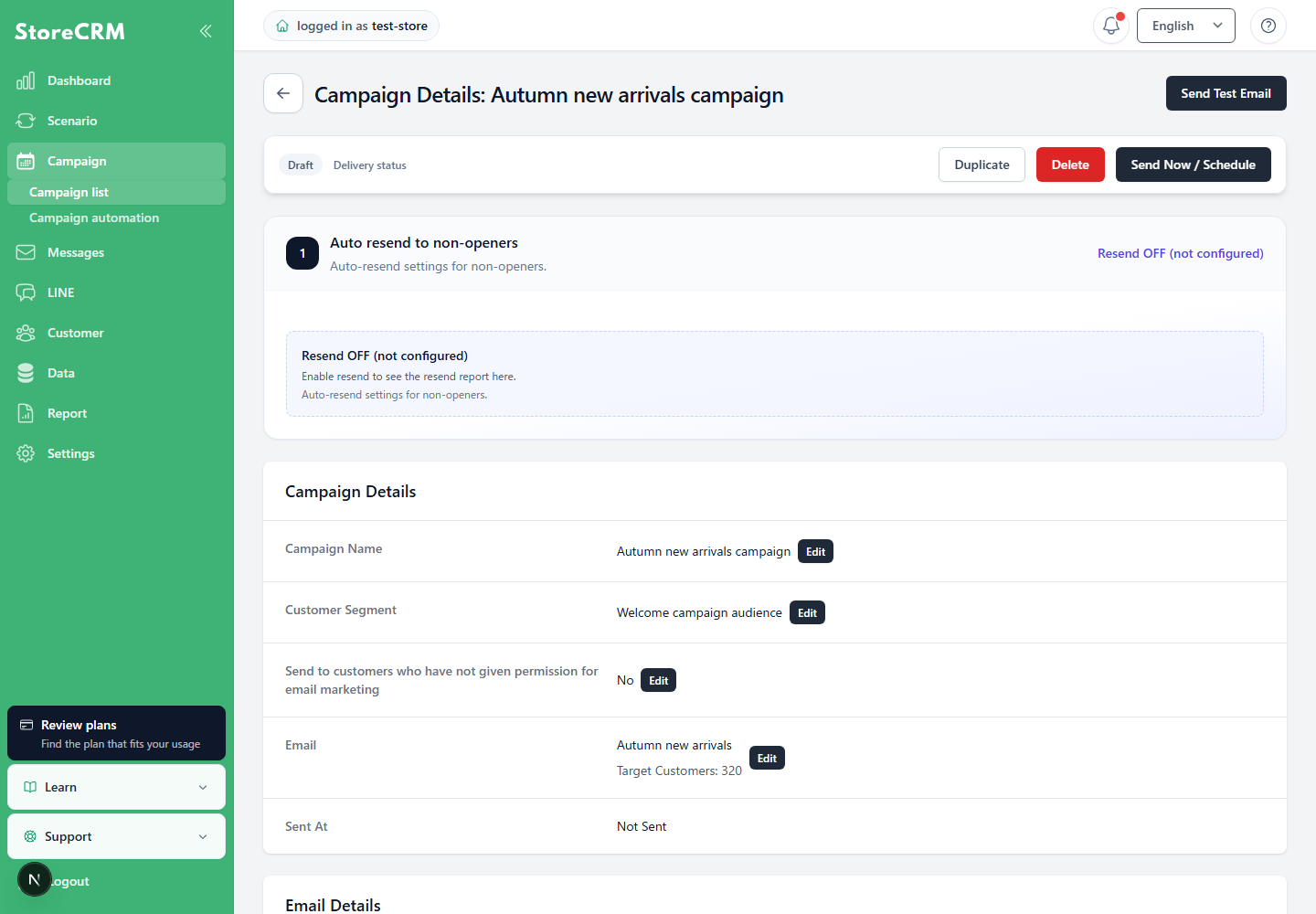 Edit, duplicate, delete, and other actions shown according to campaign status