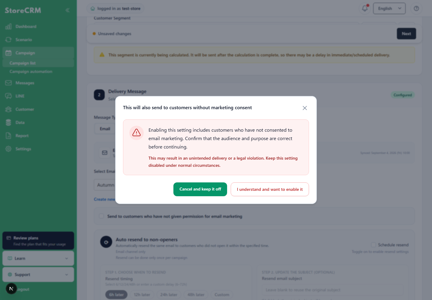 Safety confirmation dialog for sending to customers without email marketing consent