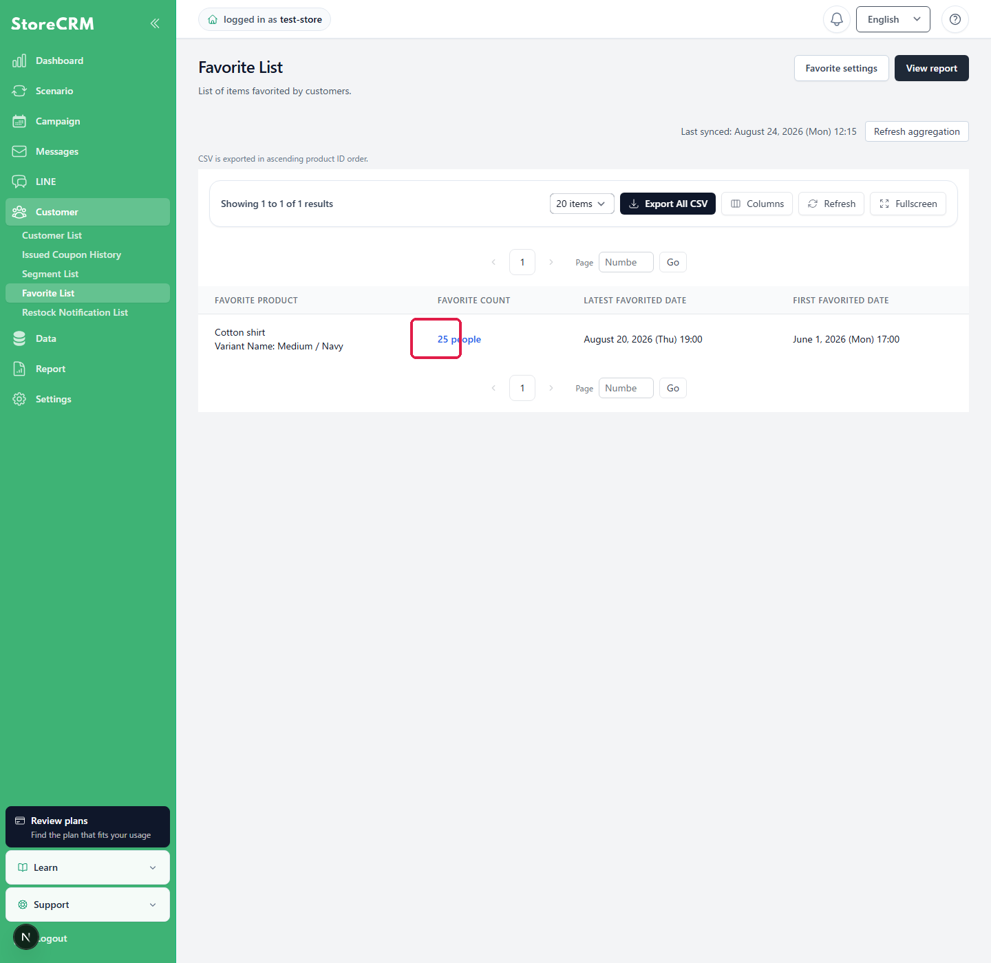 Clicking a product's customer count in the Favorite List