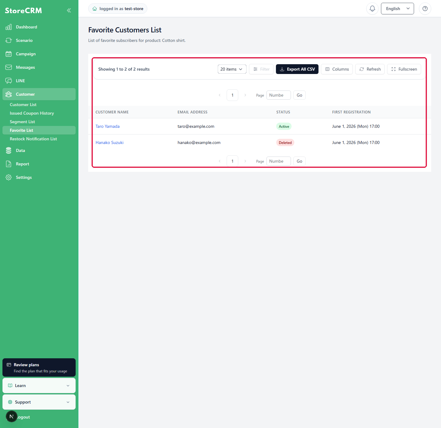 Reviewing customer names and registration statuses in the Favorite Customers List
