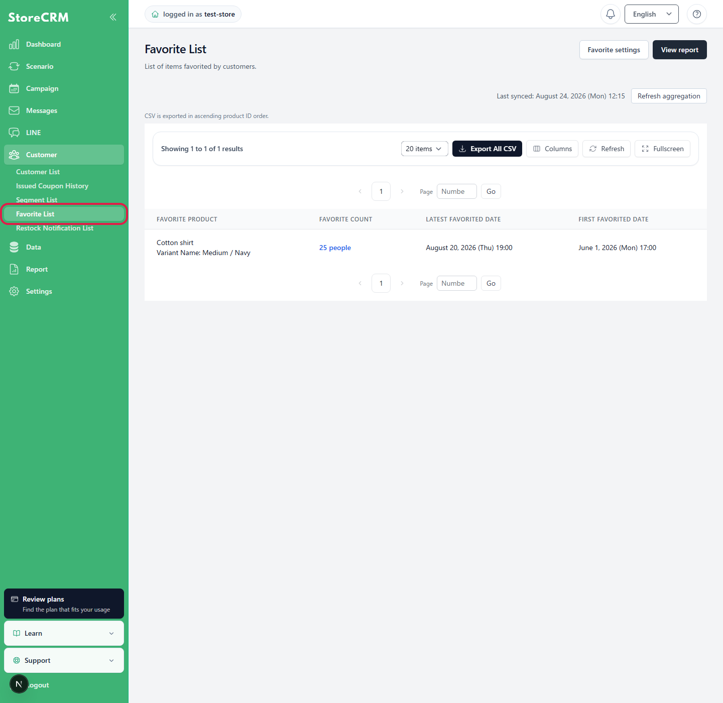 Opening the Favorite List from the Customer menu in the StoreCRM admin