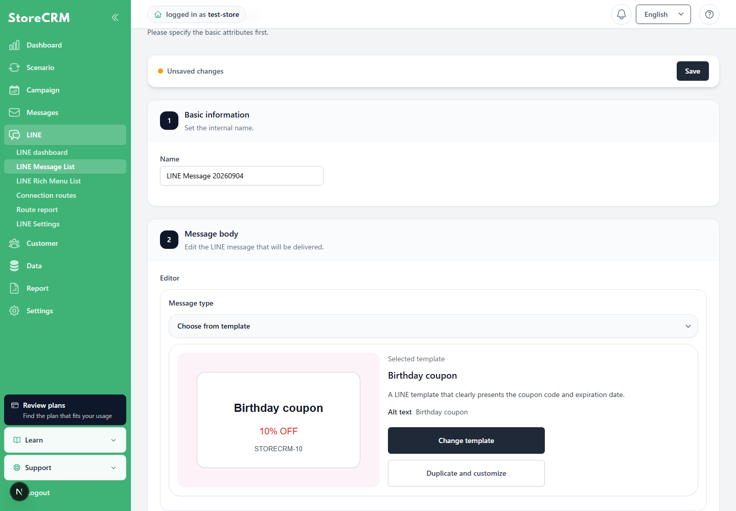 Selected LINE coupon template and the option to duplicate and customize it