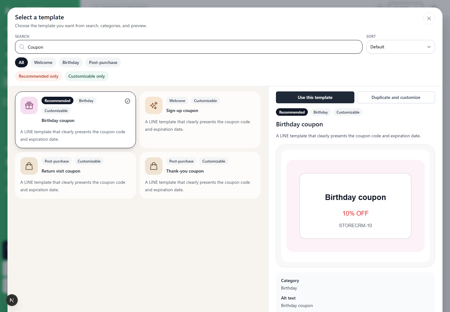 Four LINE coupon message templates and their previews