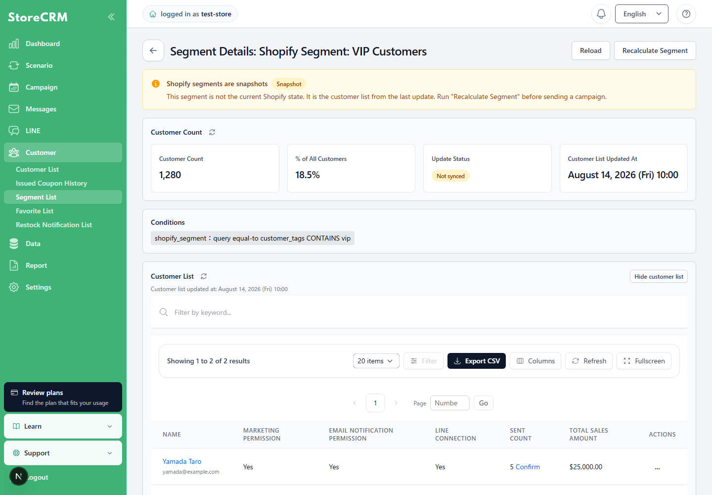 Shopify segment snapshot update screen