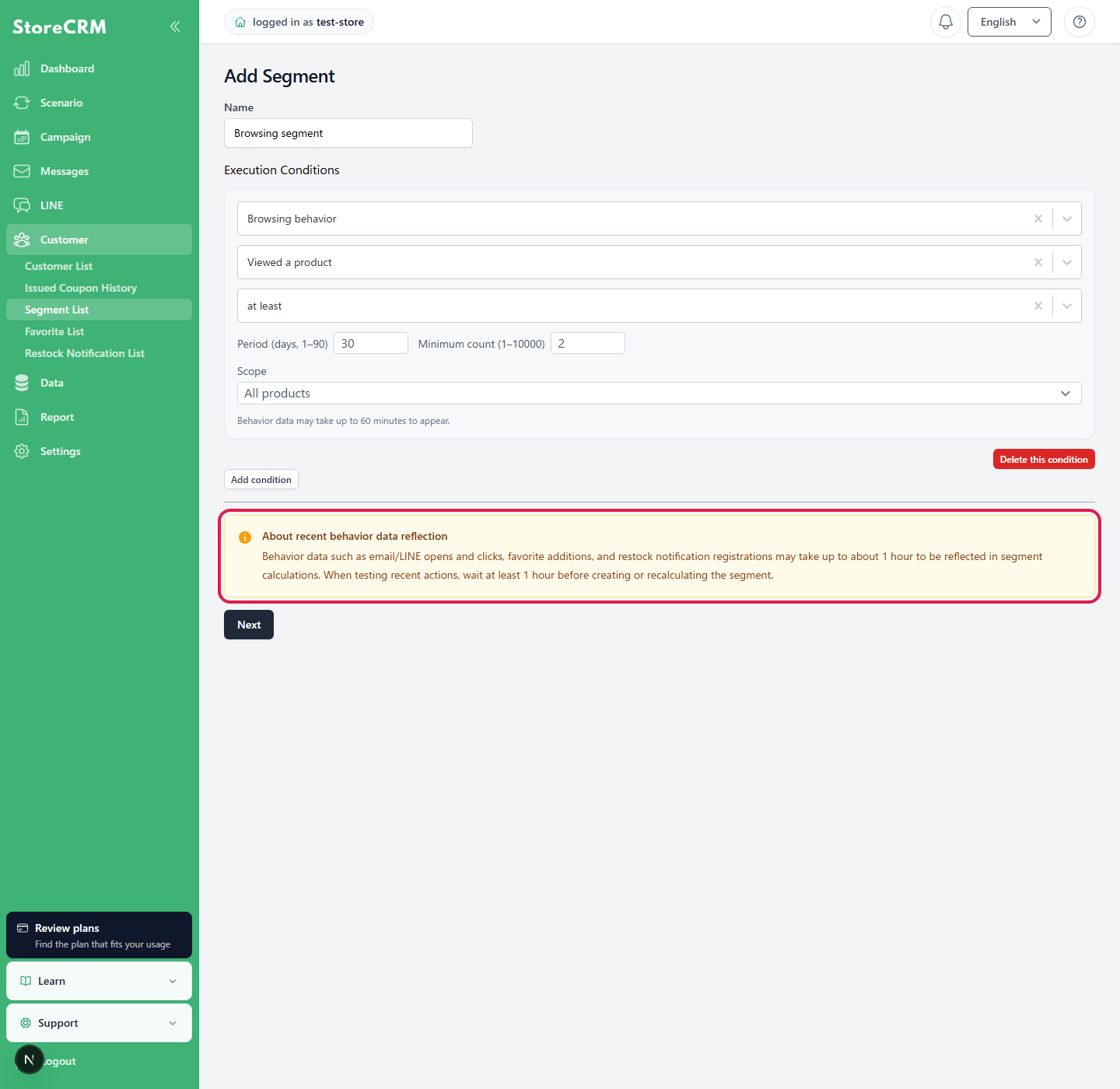 Behavioral data update notice on the segment conditions screen