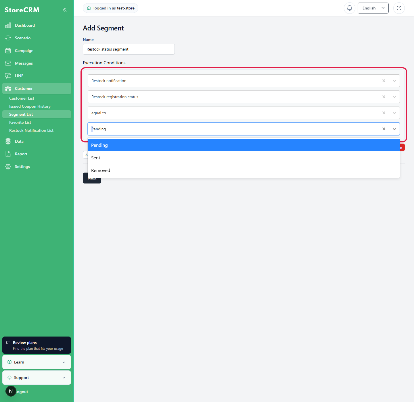 Screen for selecting a back-in-stock subscription status in segment conditions