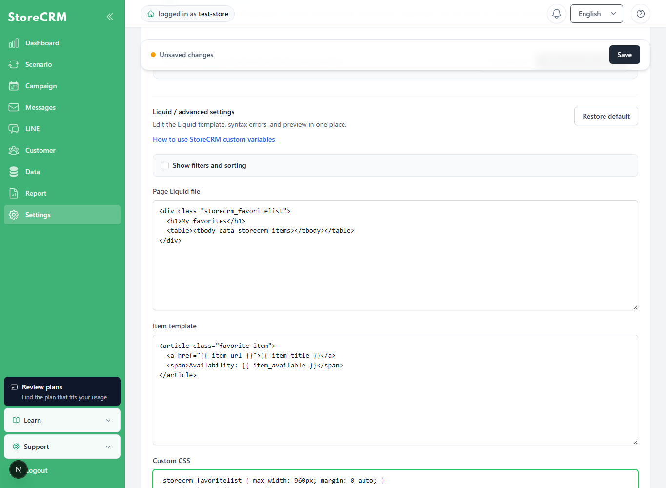 Page Liquid, Item template, and Custom CSS inputs in Advanced mode for the favorite list page