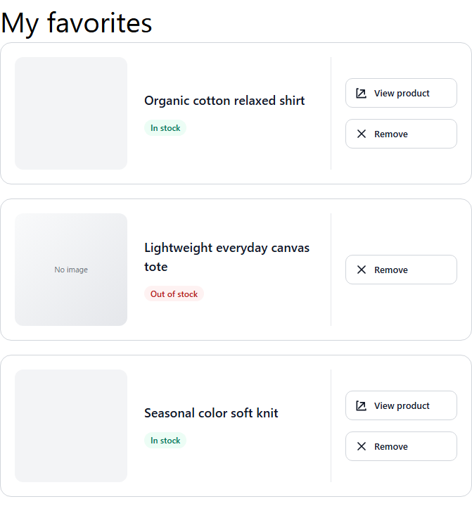 Japanese ecommerce-style favorite list with product information and actions in one row