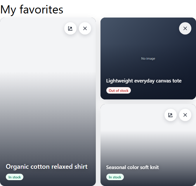 Favorite list with product image and information in one row