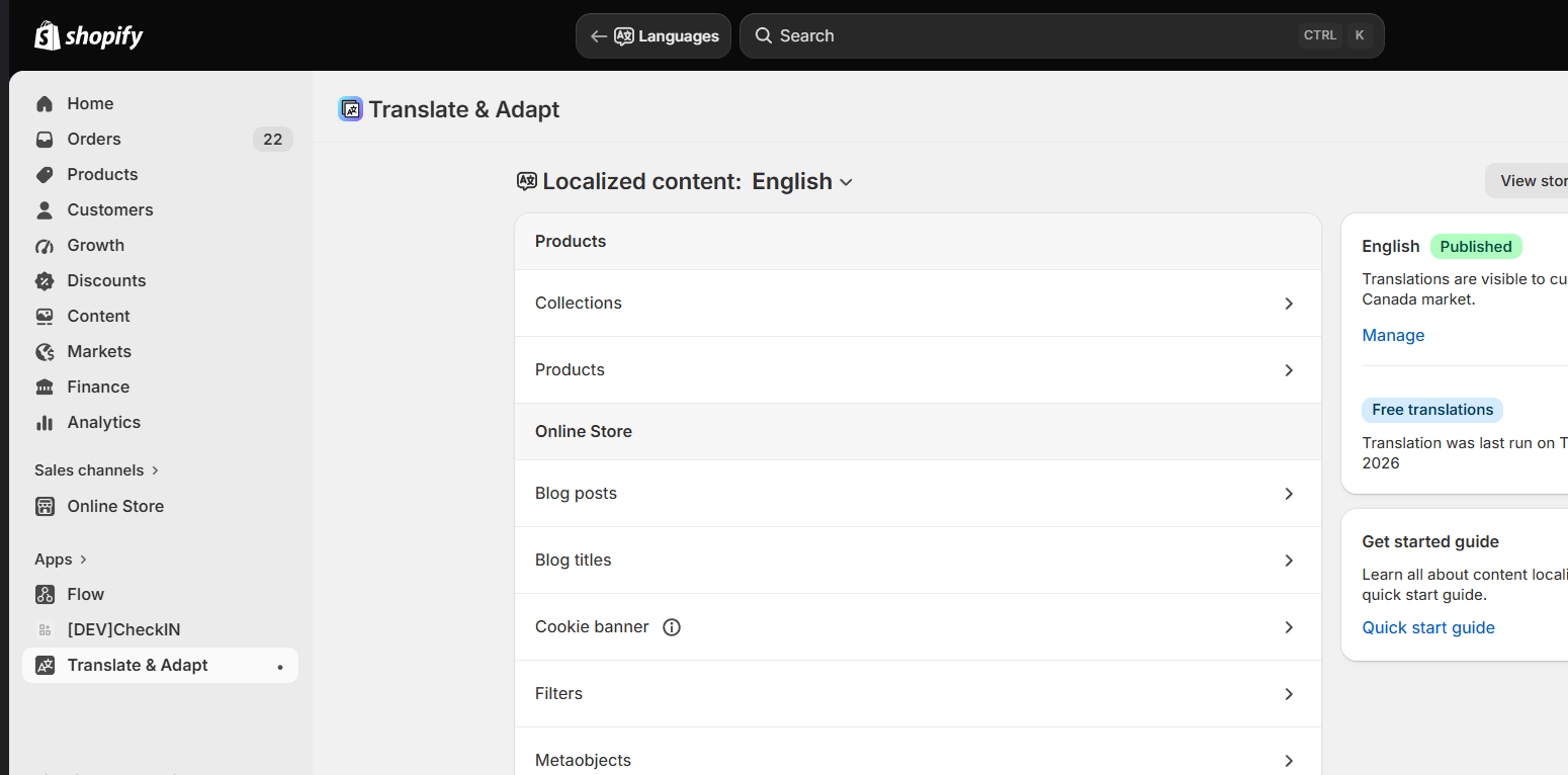 Localized content list in Translate & Adapt