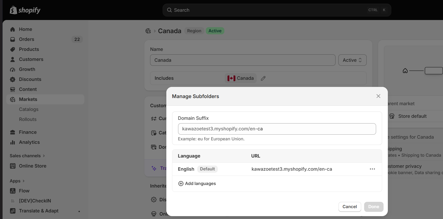 Shopify Market domain and language settings