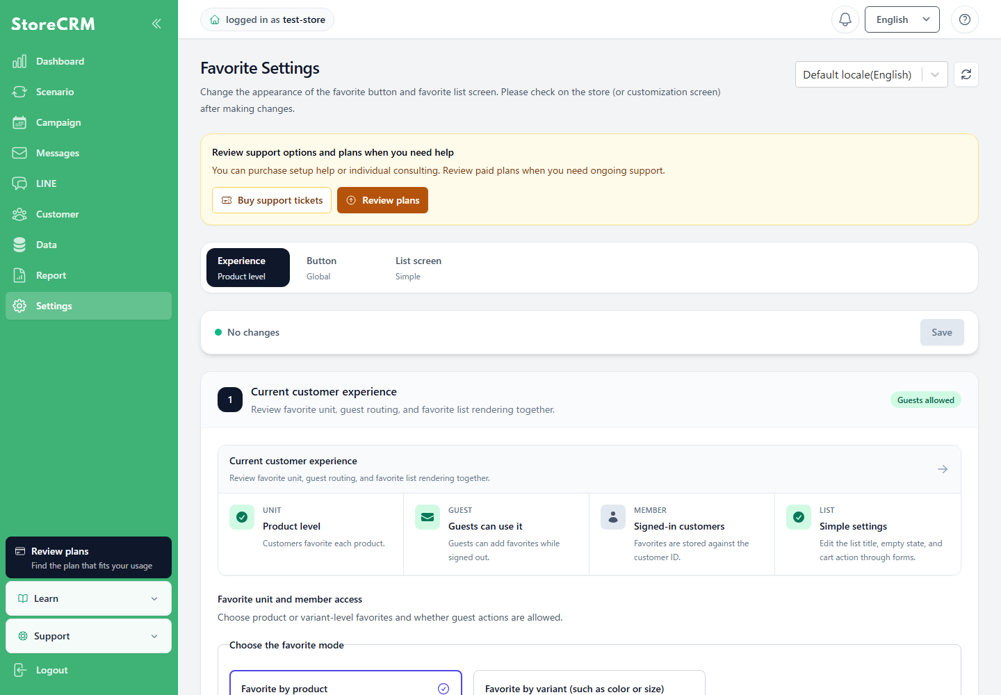 StoreCRM Favorites settings screen for selecting a display language