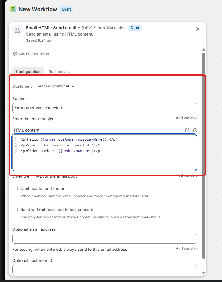 Screen for sending email through StoreCRM from Shopify Flow
