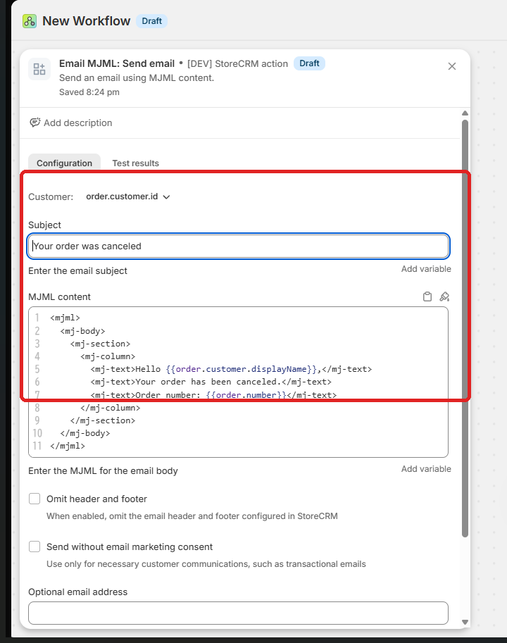 Screen for sending email through StoreCRM from Shopify Flow