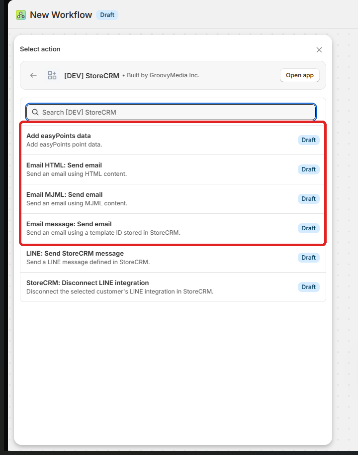 Screen for sending email through StoreCRM from Shopify Flow