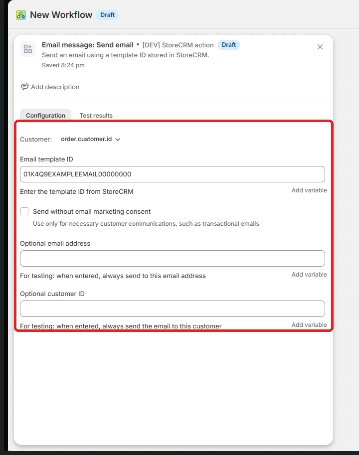 Screen for sending email through StoreCRM from Shopify Flow