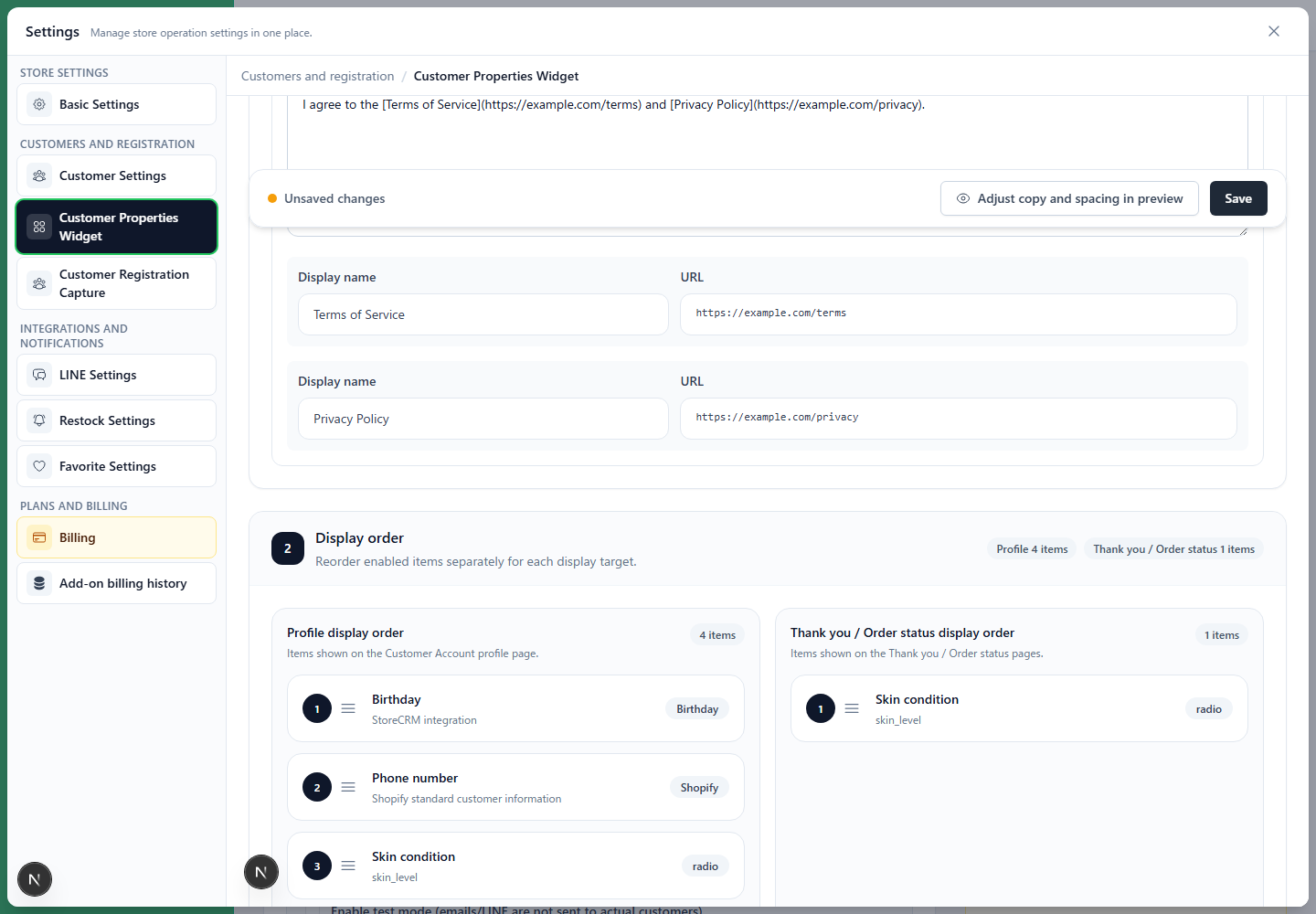 StoreCRM Customer Properties widget screen for configuring terms consent text and URL