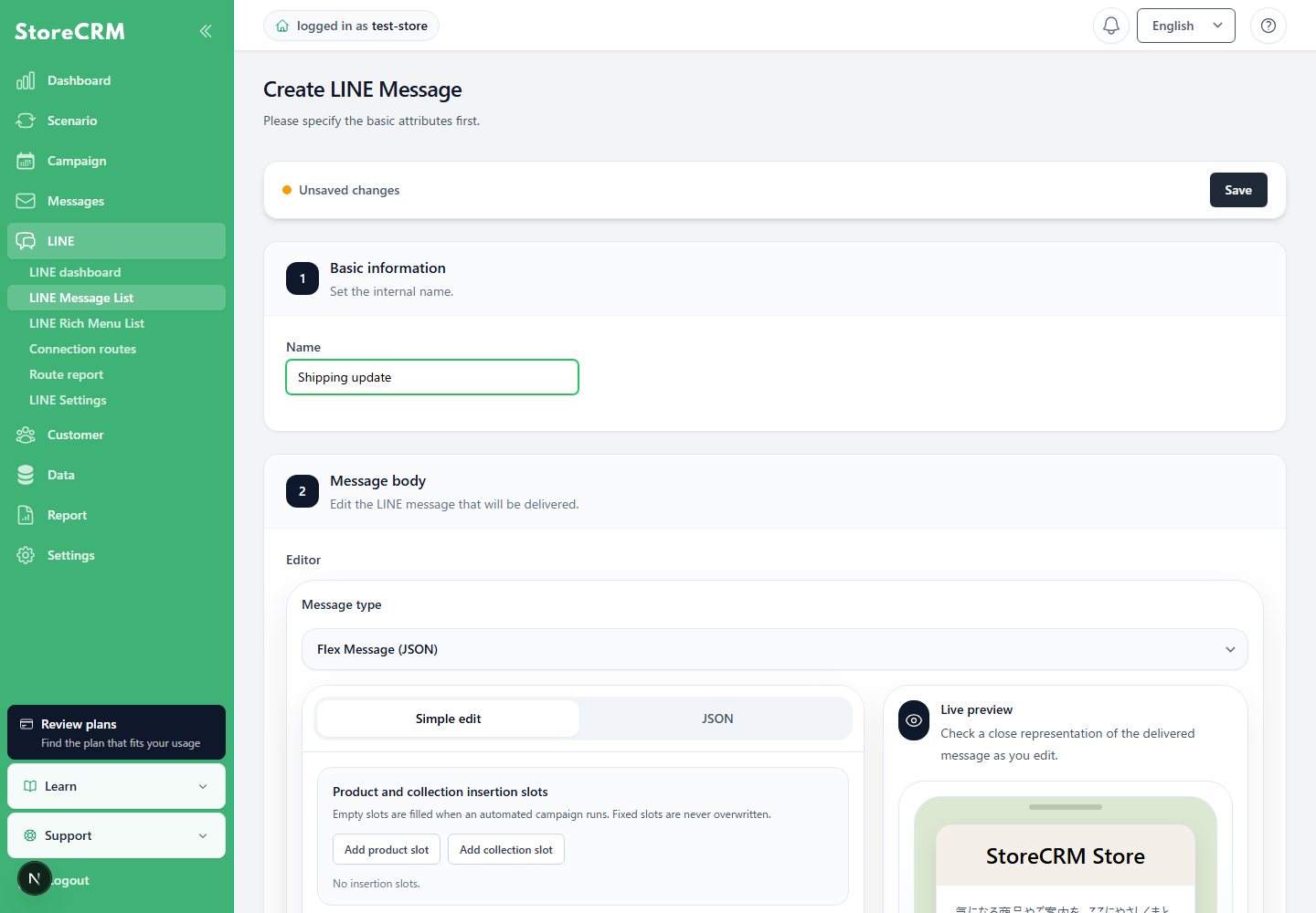 Flex Message (JSON) open on the StoreCRM LINE message edit screen