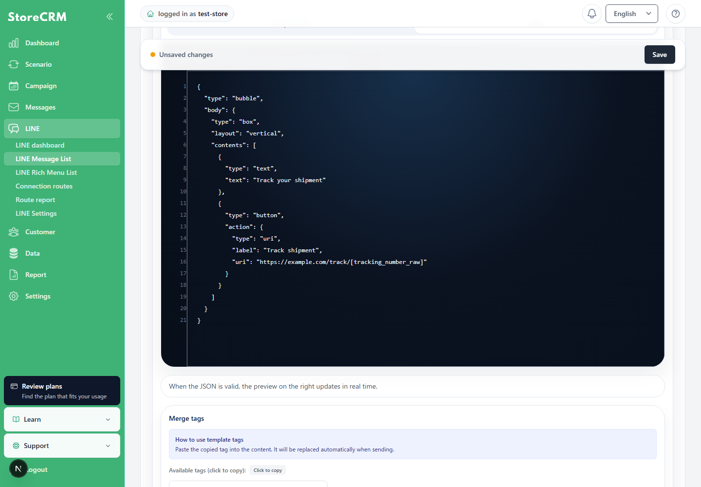 Flex Message JSON edit tab and live preview on the right