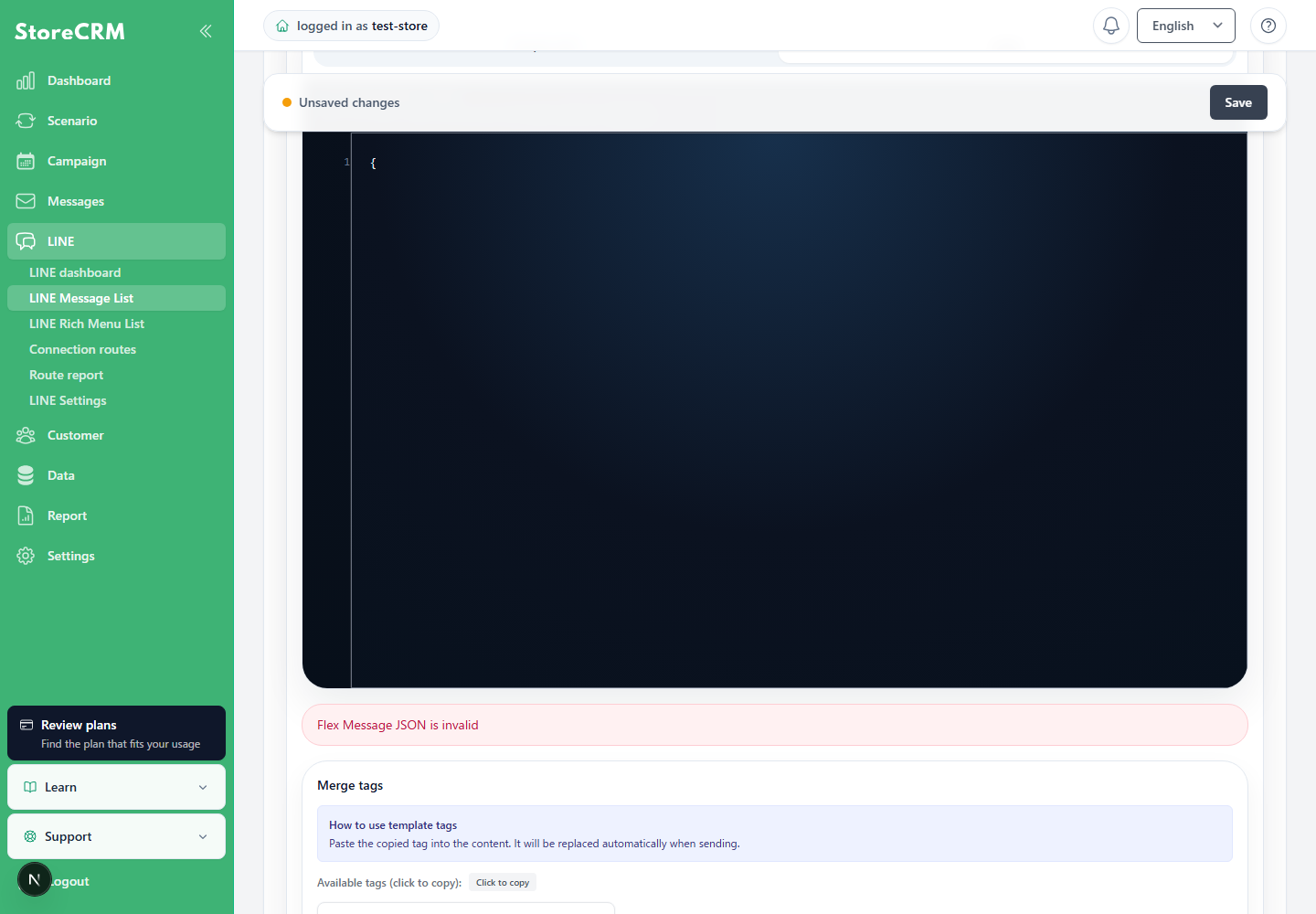 LINE API Flex Message format error displayed on the save screen