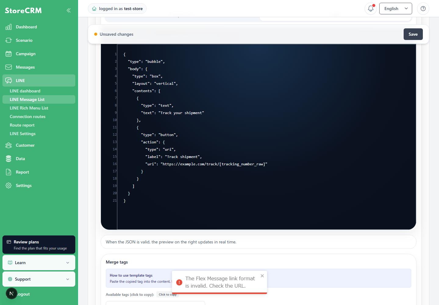 Invalid link error displayed during a LINE message test send