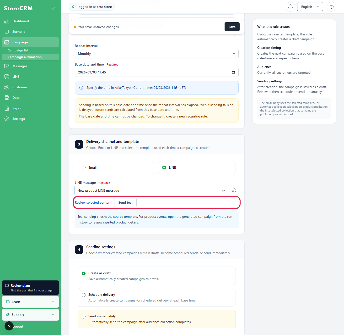 Buttons for reviewing selected content and sending a test in Campaign automation