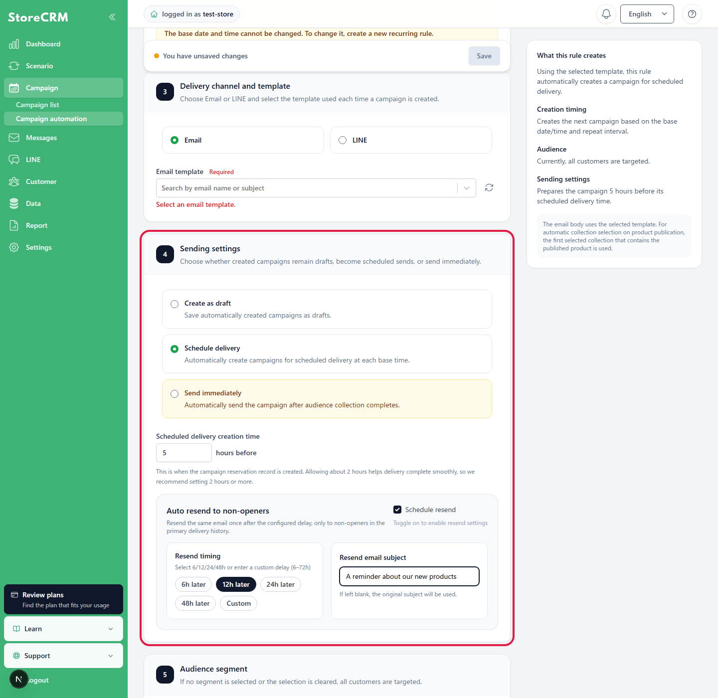 Configure the scheduled-delivery lead time and when to resend to recipients who did not open.