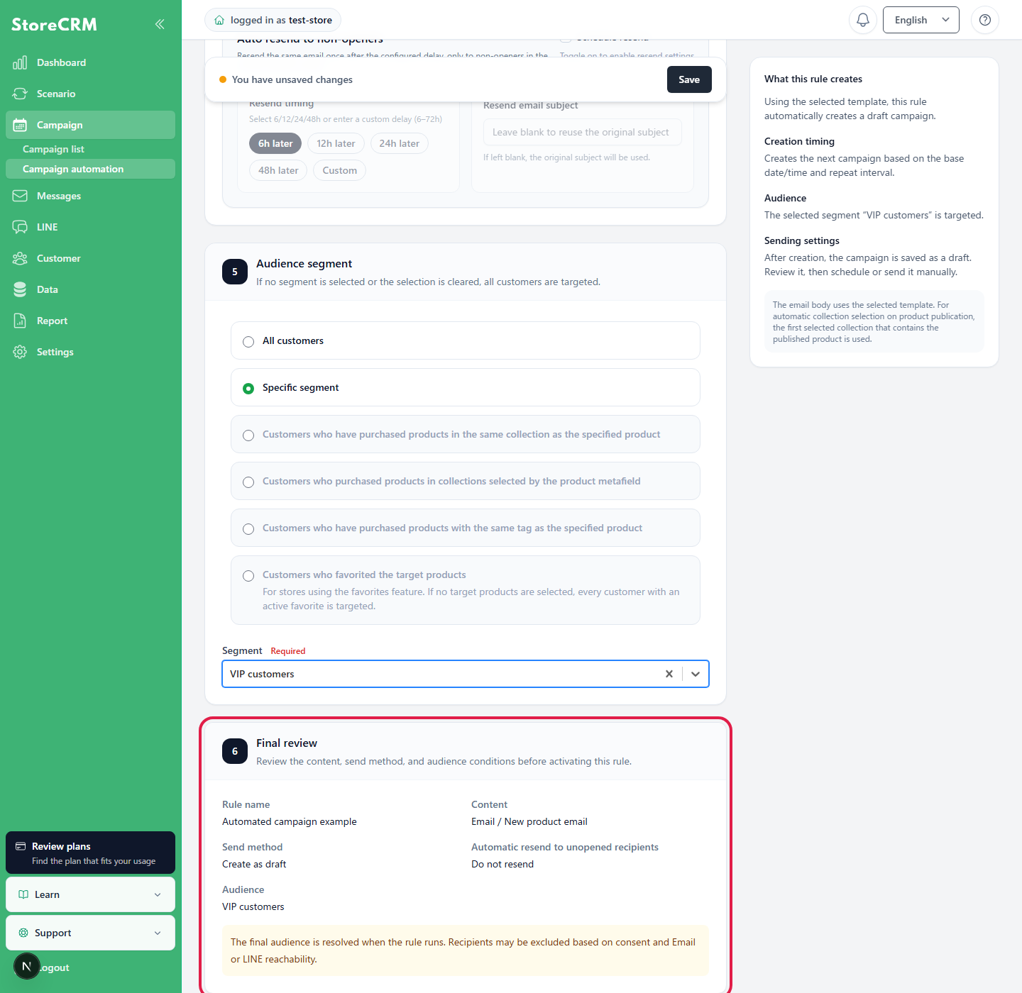 Screen for reviewing the content and audience of a Campaign automation rule before saving