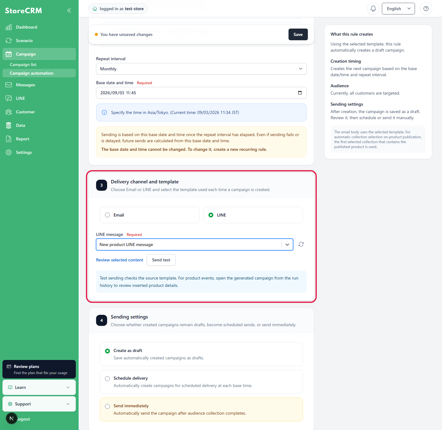 Screen for selecting LINE as the delivery channel and choosing a LINE message in Campaign automation