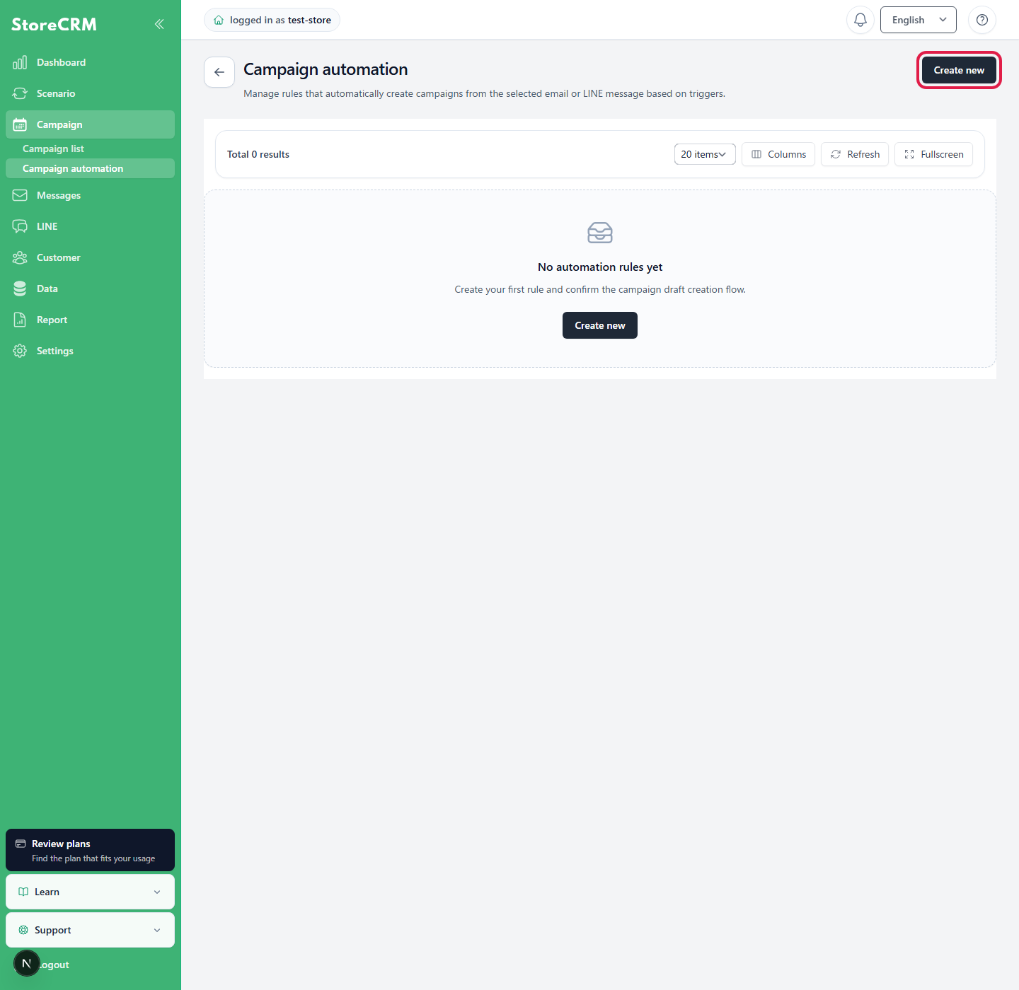 Under Campaigns, open [Campaign automation] and select [Create new] to create a rule.