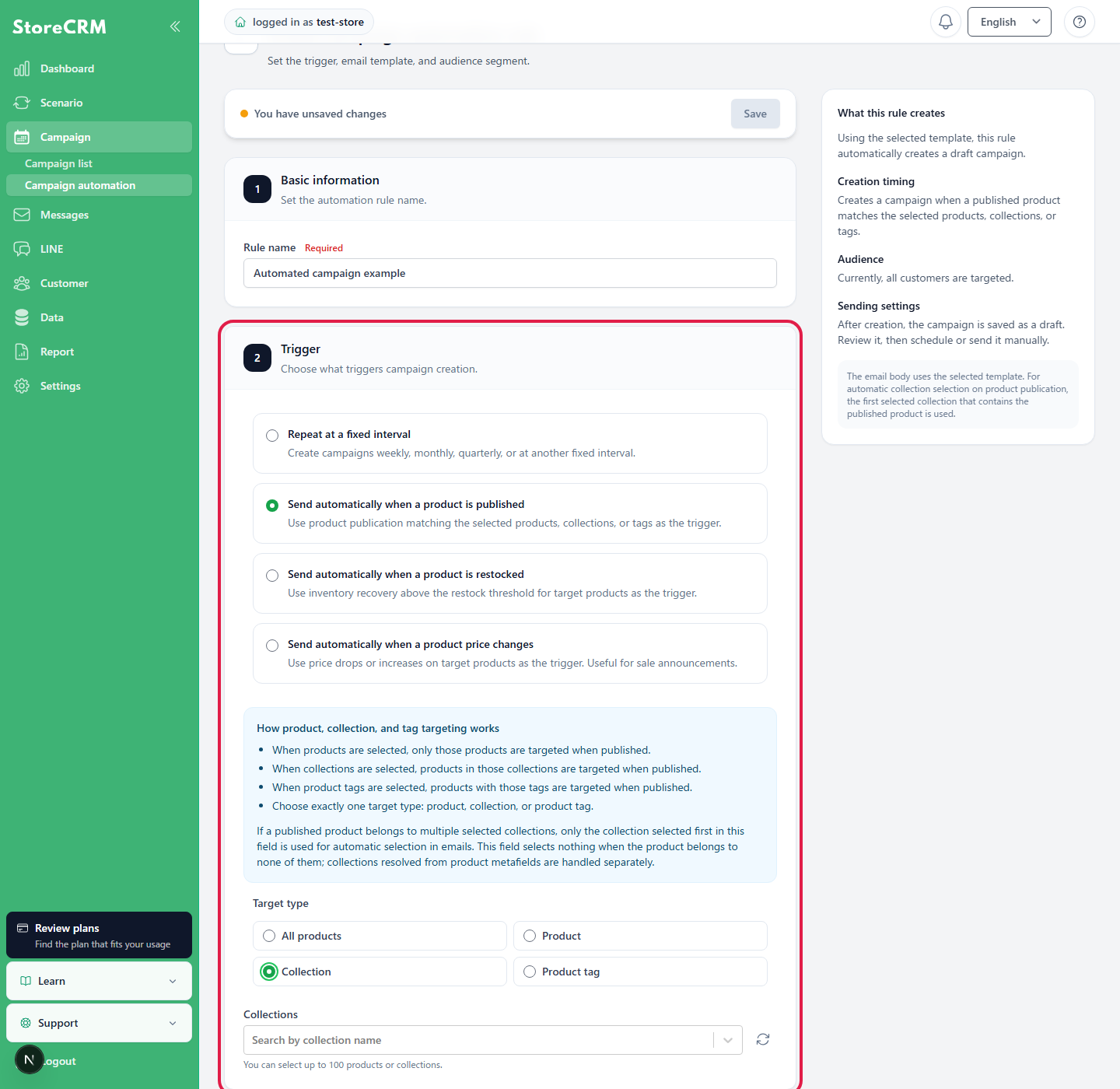 This is an example of specifying a product publication trigger and a target collection.