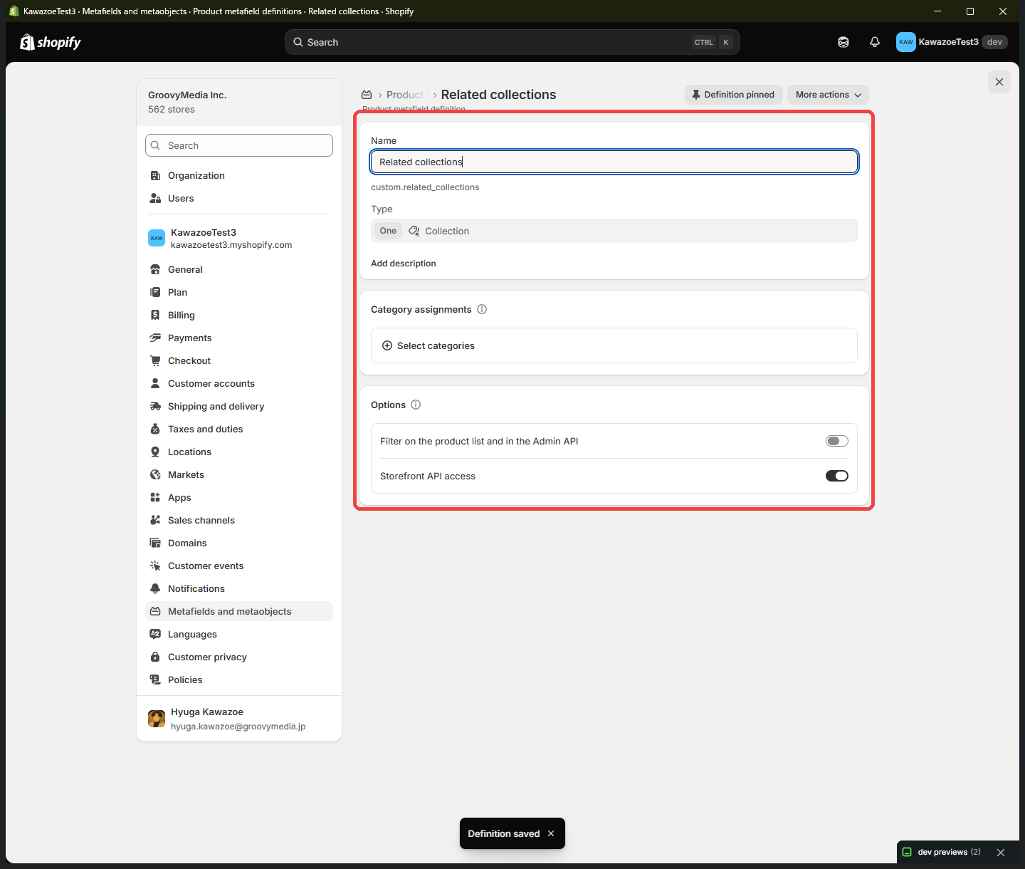 Create product metafield definitions for related collections in Shopify.