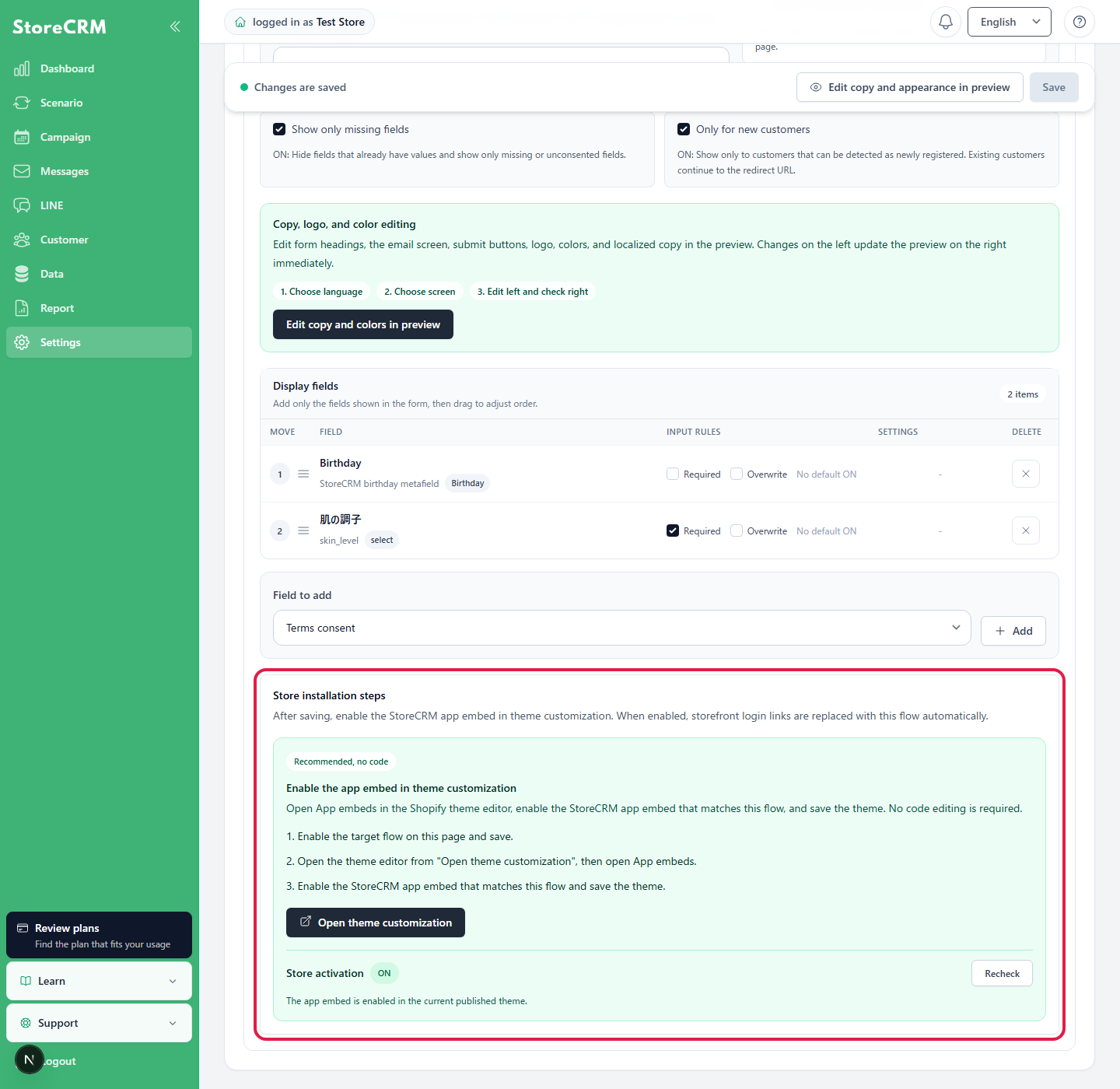 Instructions for enabling the StoreCRM app embed in theme customization