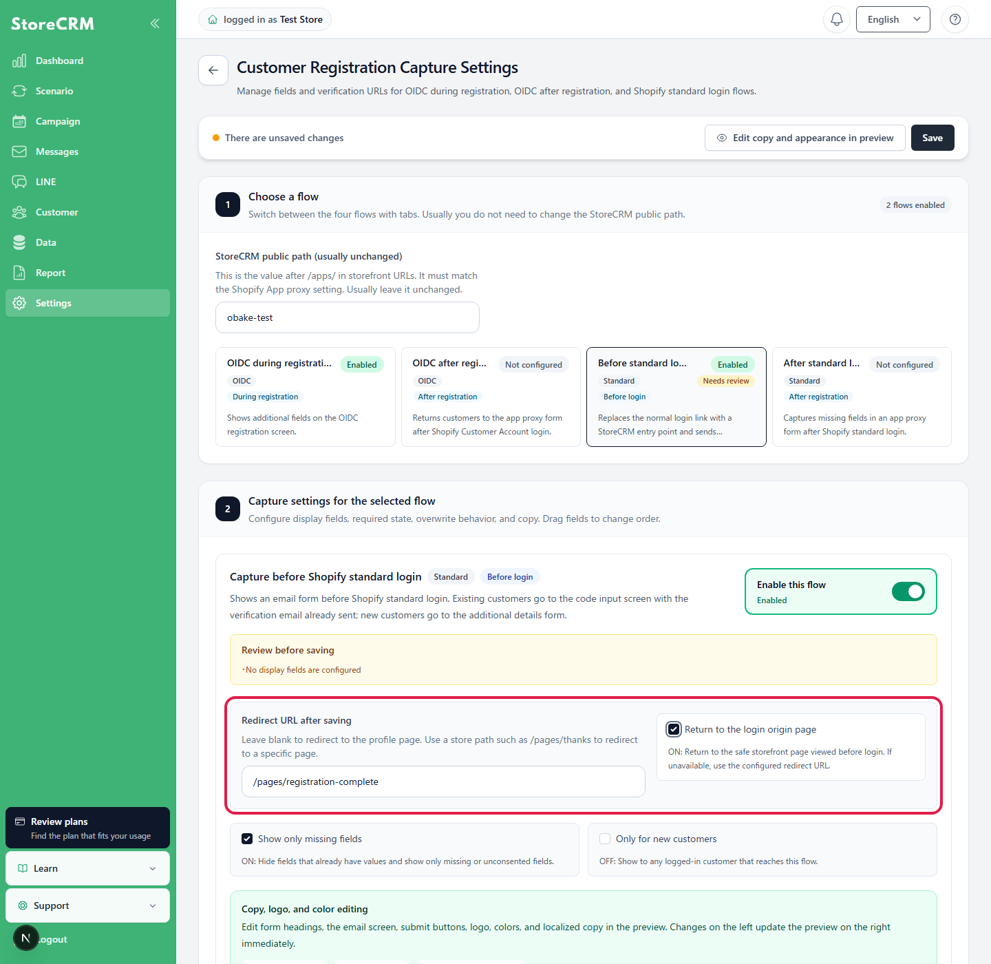 Redirect URL after saving and the setting to return to the login origin