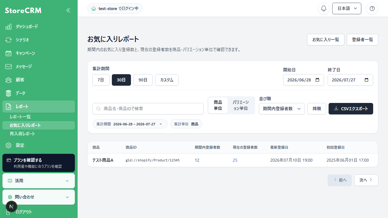お気に入りレポートの初期表示