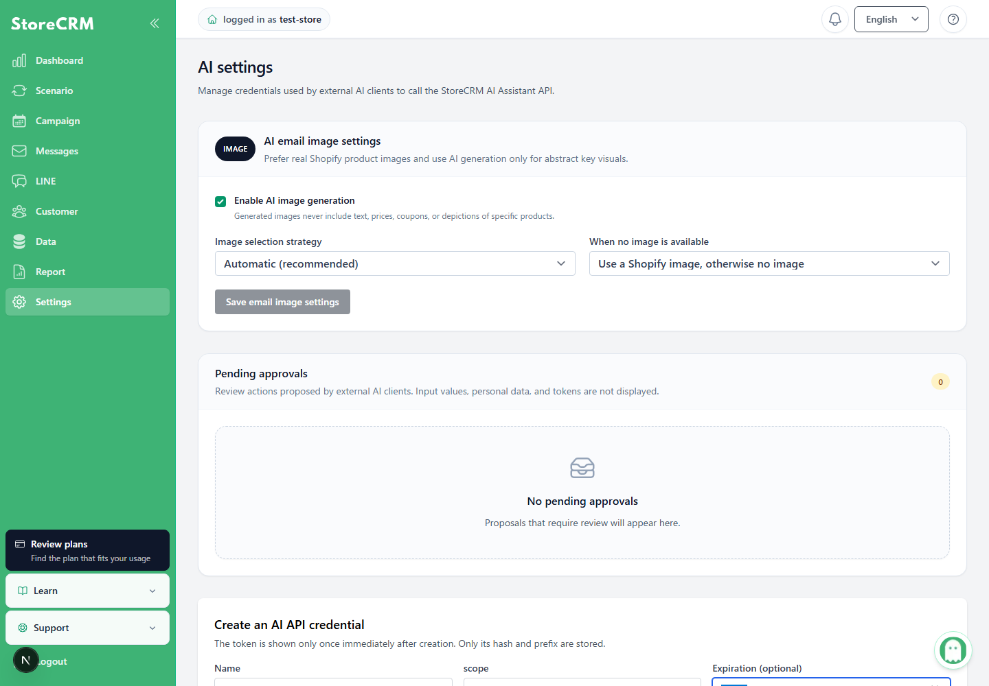 AI Settings screen for configuring an external AI API credential name, permissions, and expiration date