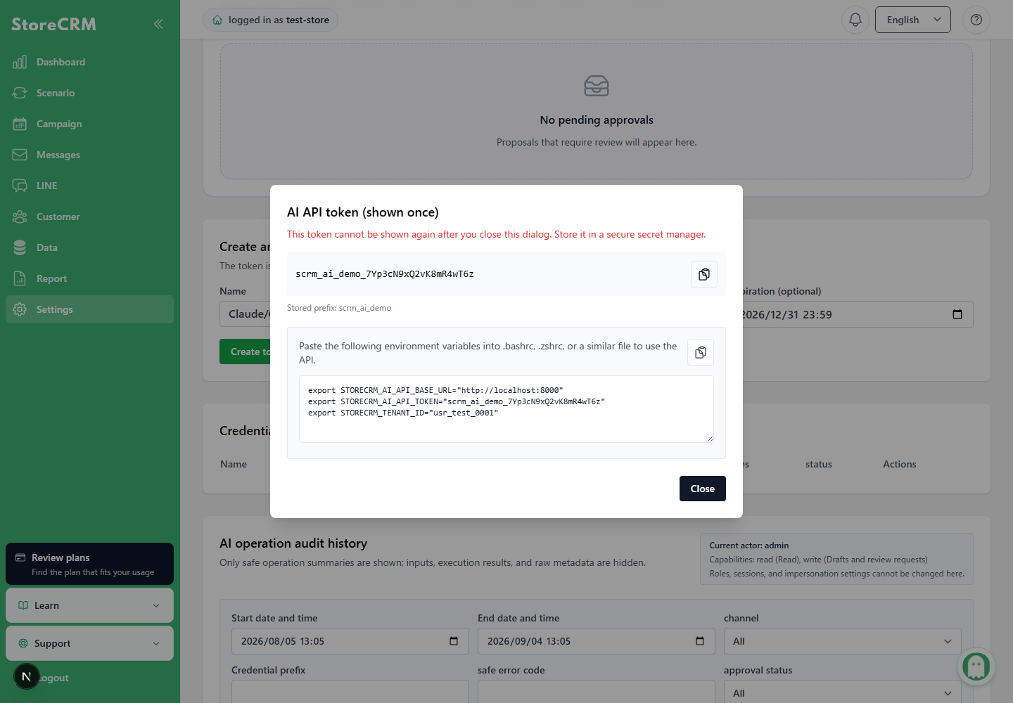 Token and environment variables displayed once after creating an AI API credential