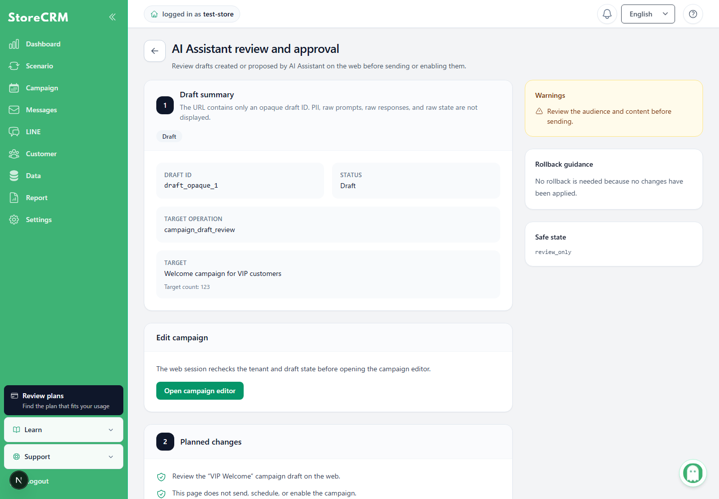 Draft summary and safety status on the AI Assistant review and approval screen