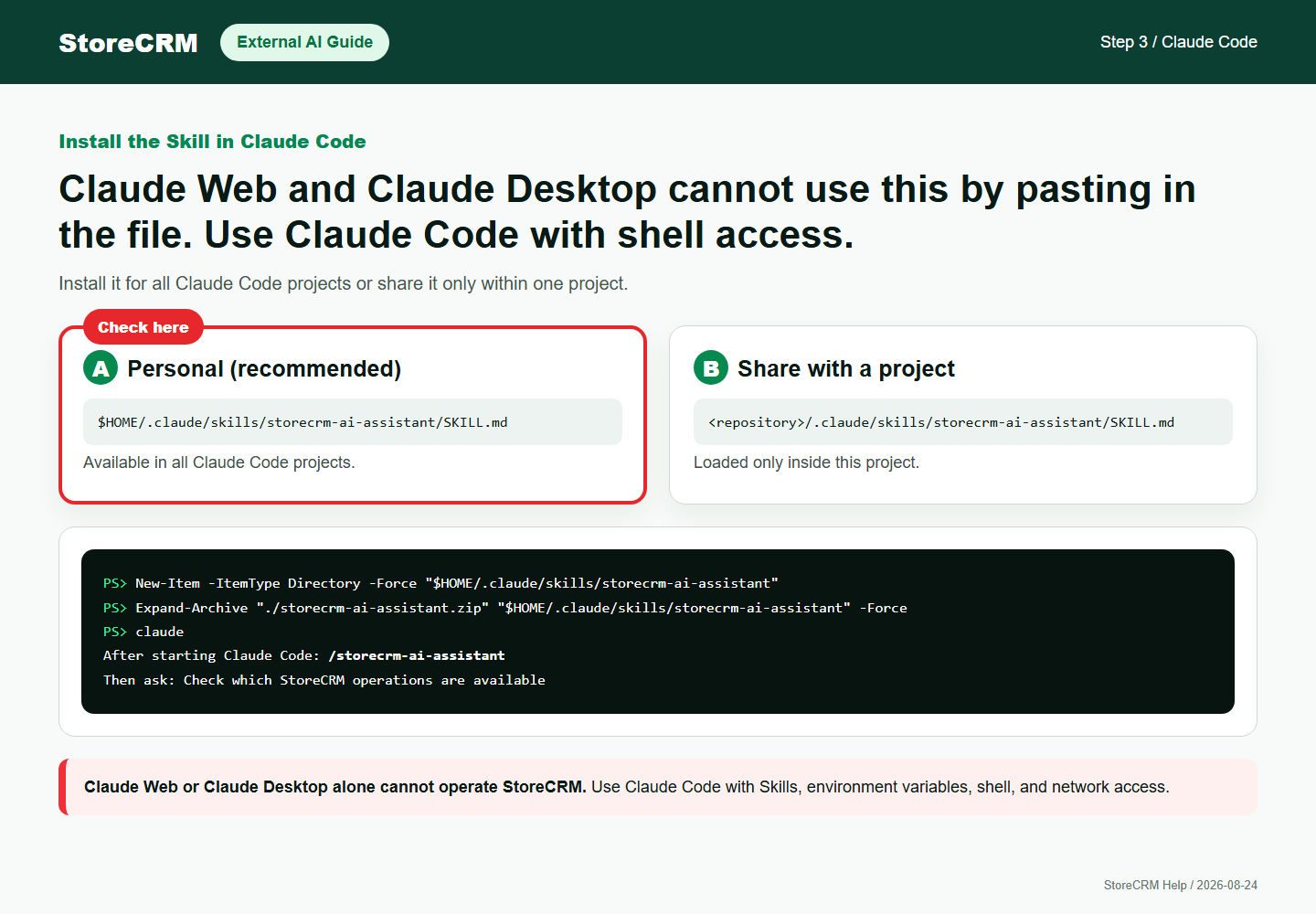 Steps for installing the StoreCRM Skill in a personal or project skills folder for Claude Code