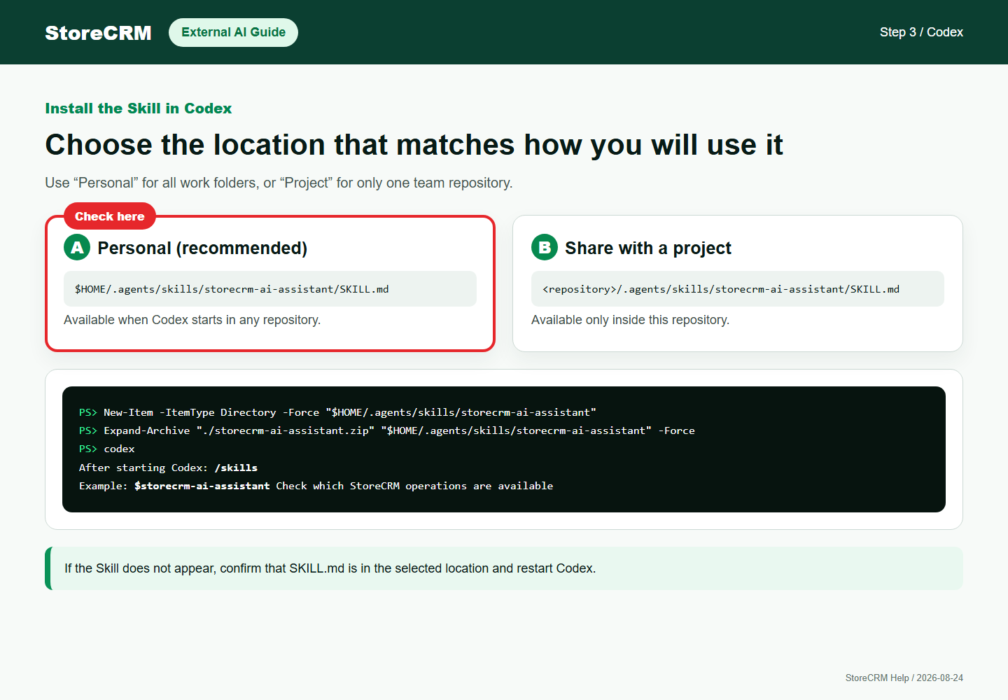 Steps for installing the StoreCRM Skill in a personal or project skills folder for Codex