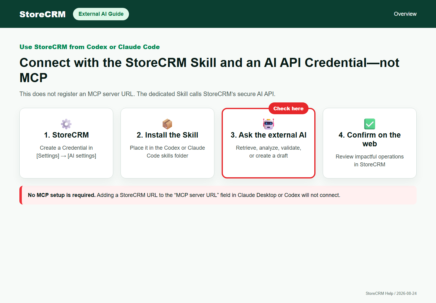 Overview of connecting Codex or Claude Code using the StoreCRM Skill and an AI API Credential instead of MCP