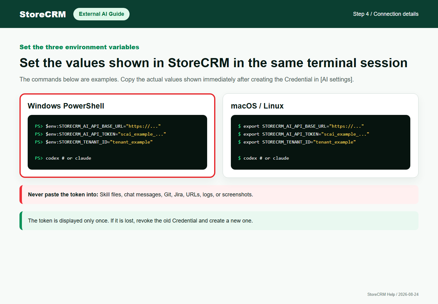 Examples of setting the three StoreCRM environment variables in PowerShell or macOS and Linux