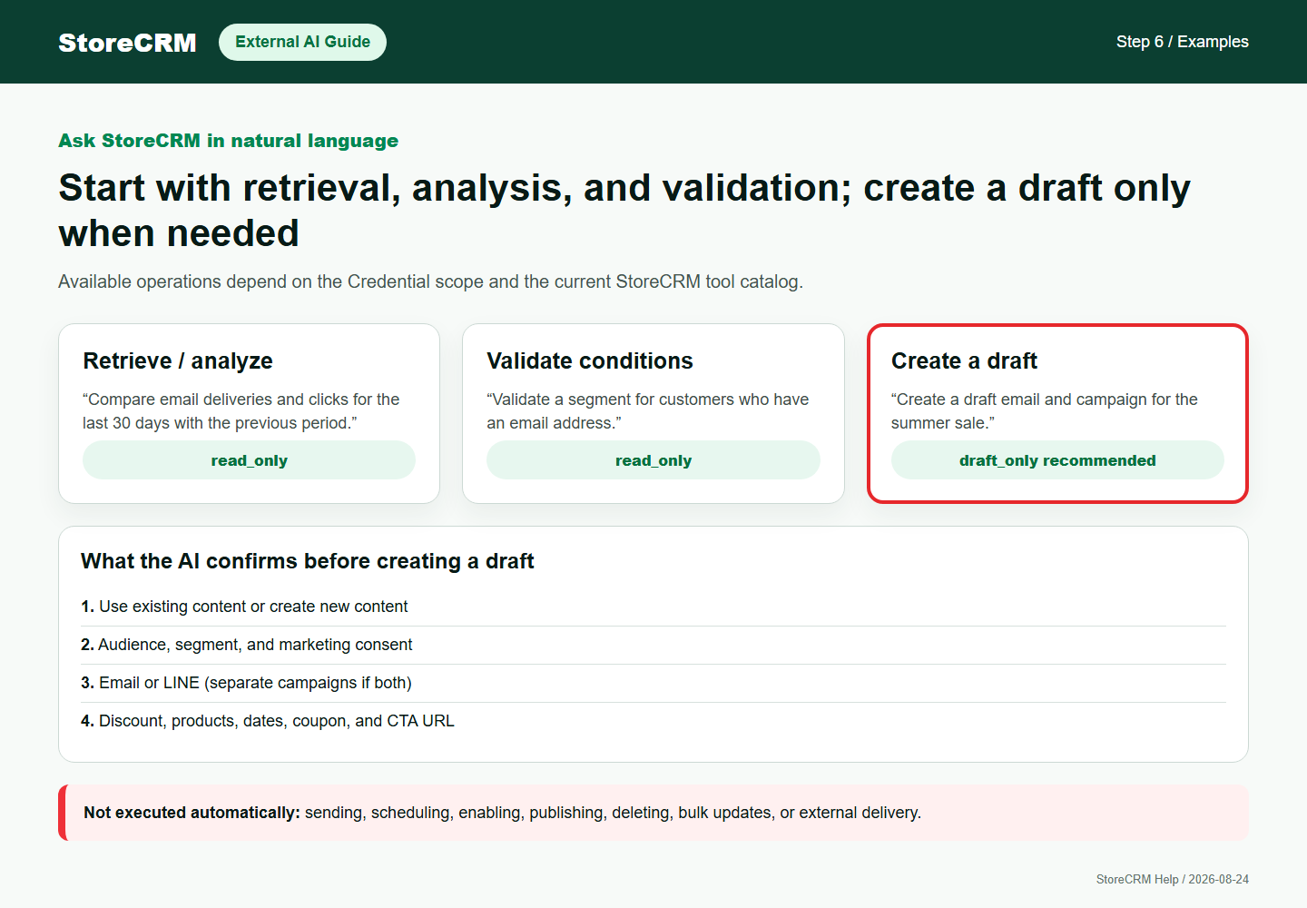 Example requests to retrieve and validate StoreCRM data and create drafts from Codex or Claude Code