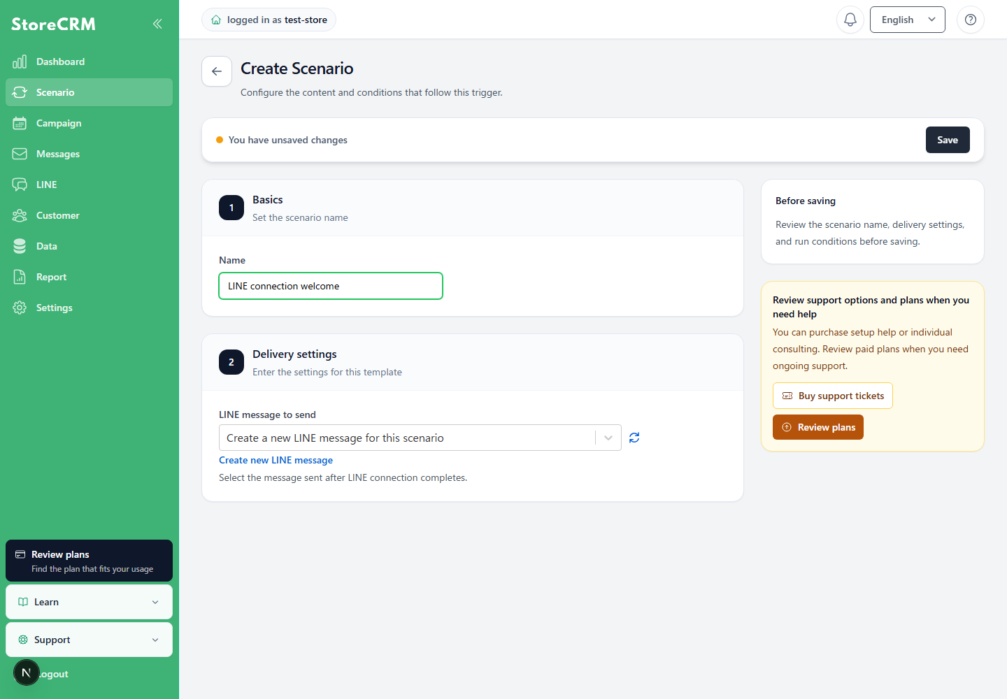 Screen for selecting delivery content in an automation that sends a message after LINE linking is complete